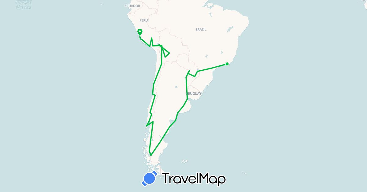 TravelMap itinerary: driving, bus in Argentina, Bolivia, Brazil, Chile, Peru, Paraguay (South America)